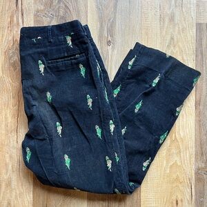 Vintage men’s Black Corduroy Pants with embroidered Irish leprechaun pattern